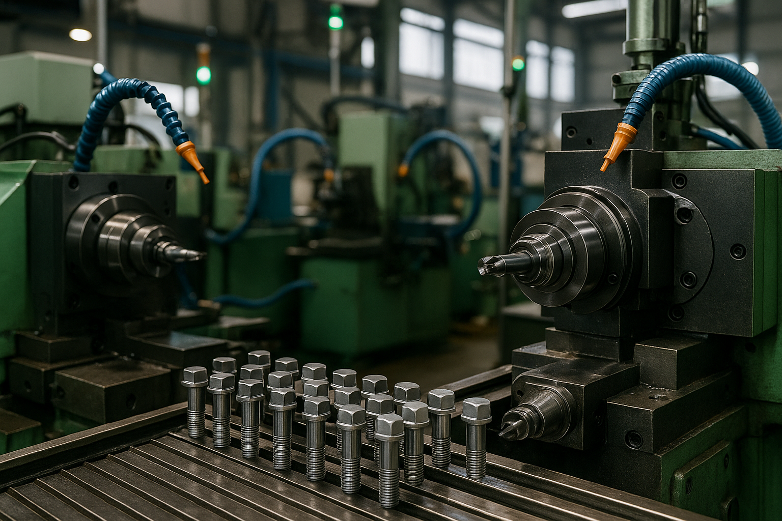Custom metal fasteners being produced in an automated industrial workshop environment.