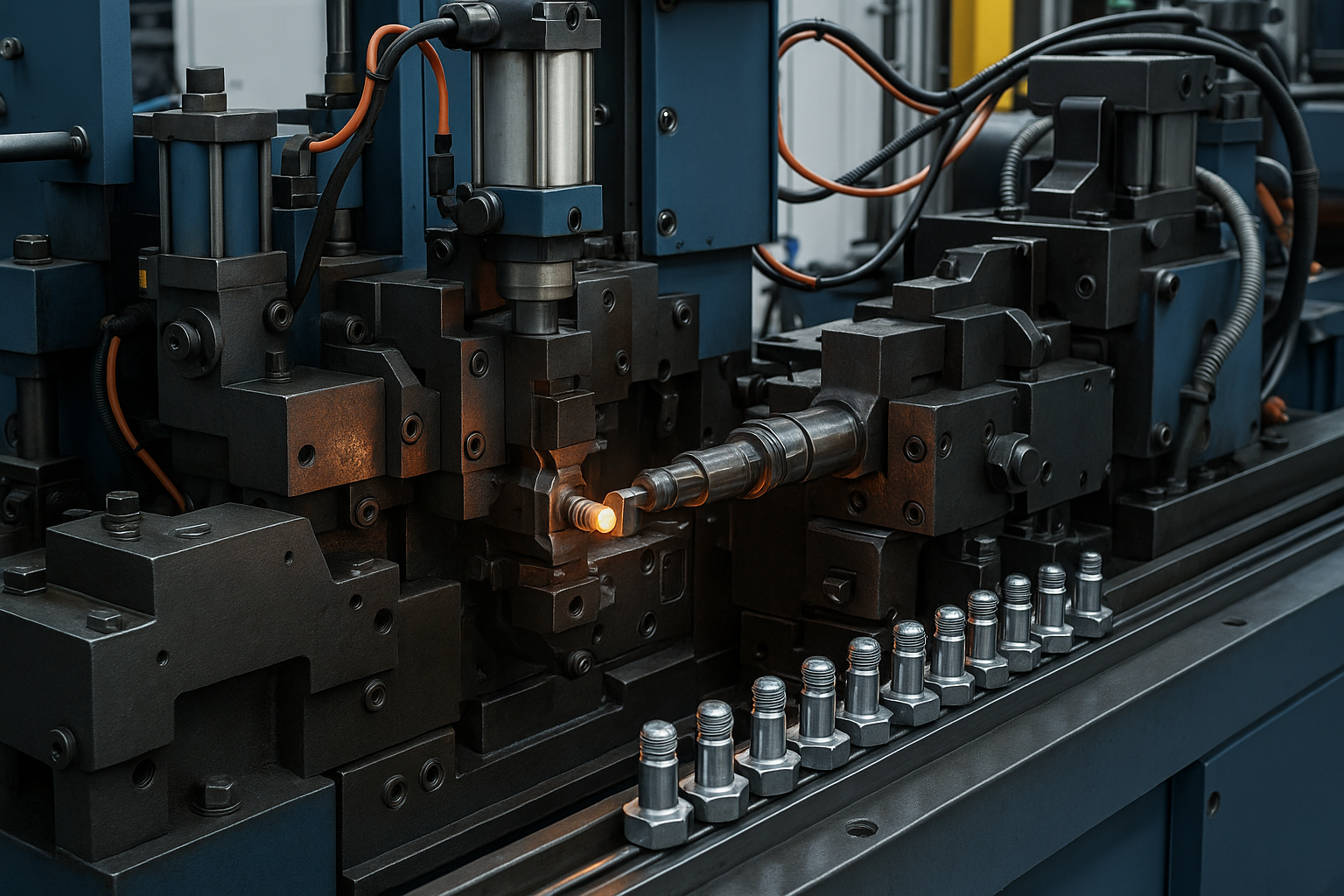 Industrial automatic equipment forming metal fasteners on a high-speed cold heading line.