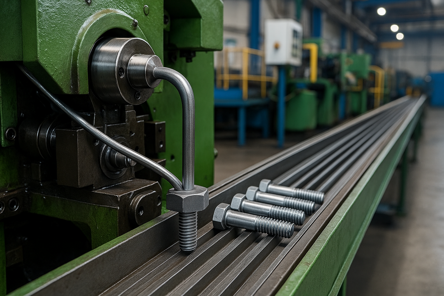 Cold heading machine forming hex-head bolts from steel wire in a modern fastener production line.