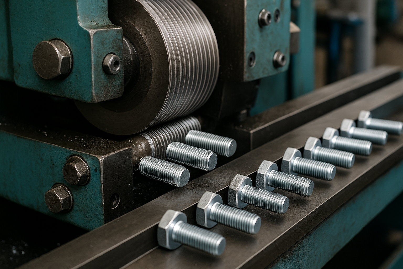 Thread rolling dies forming external threads on metal fasteners in a continuous production line.