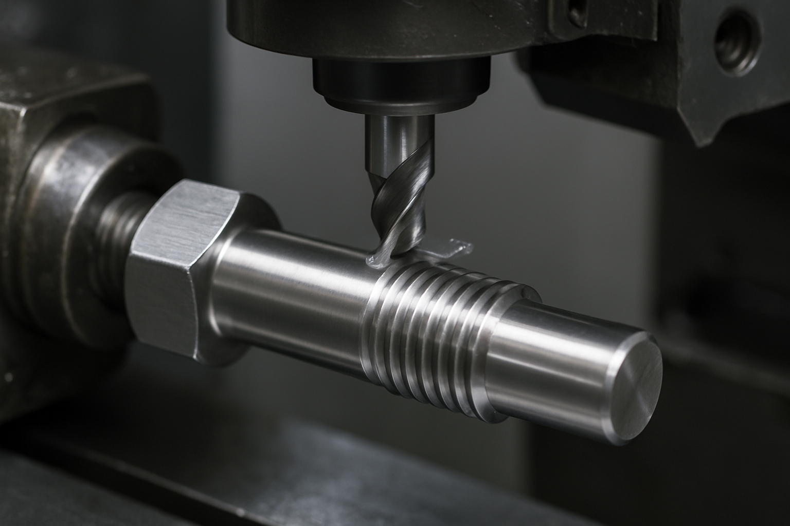 Close-up of a CNC machine cutting grooves into a stainless steel custom fastener.