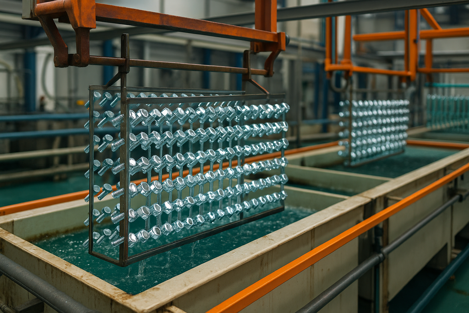 Metal fasteners undergoing surface coating treatment on an automated plating line.