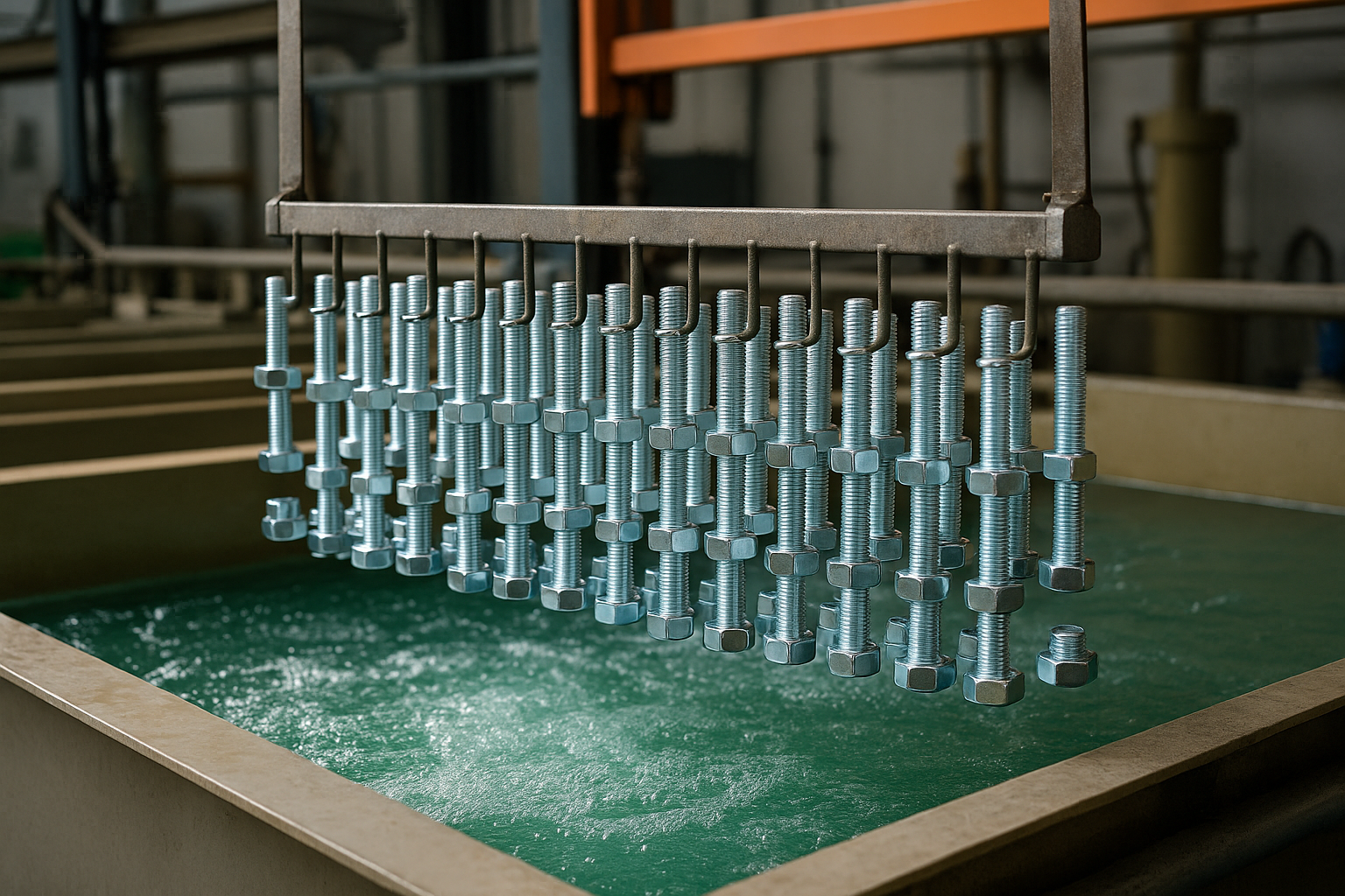 Fasteners undergoing surface plating on an automated electroplating line