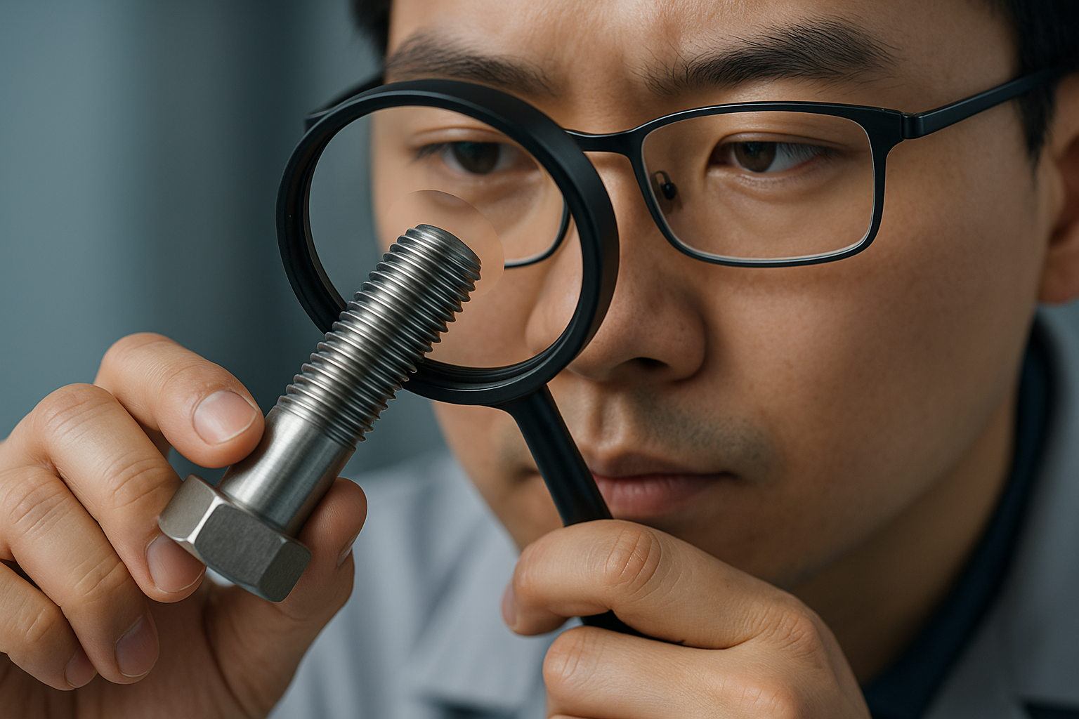 Engineer inspecting the thread profile of a custom bolt under magnification