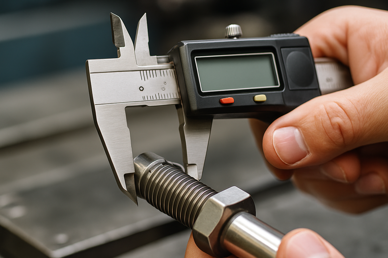 Digital caliper measuring the outer thread diameter of a custom hex bolt.