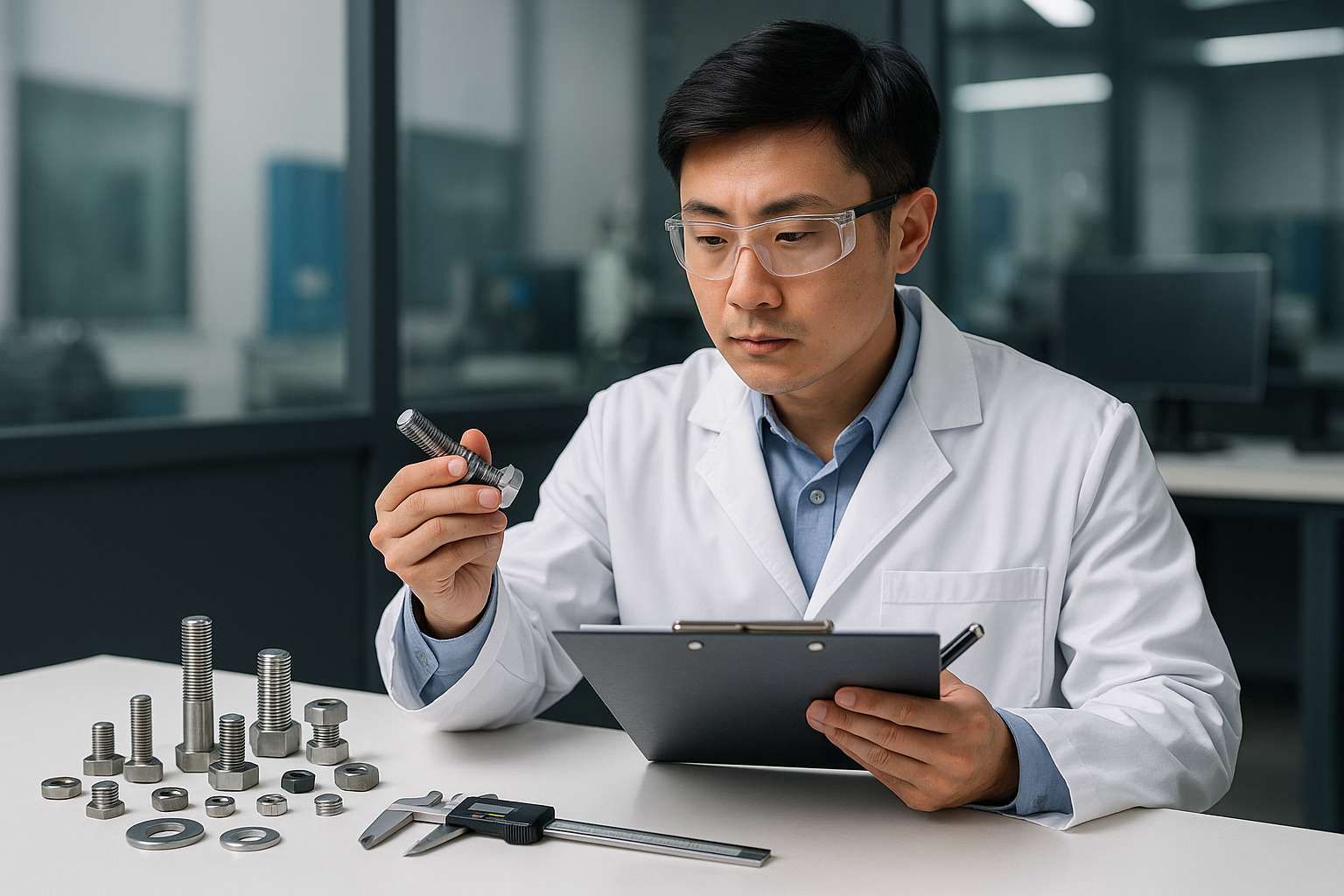 Engineer inspecting custom metal fasteners with report
