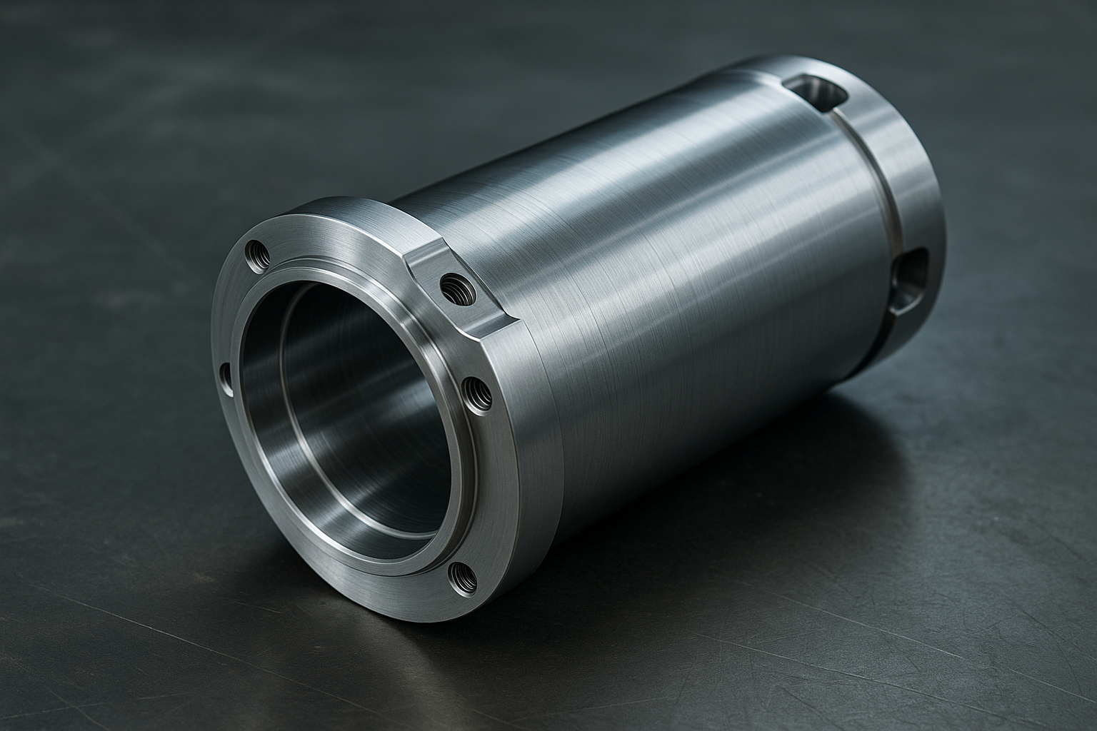 A cylindrical metal cylinder body with a smooth inner bore and precision-drilled side holes lies on a dark textured surface.