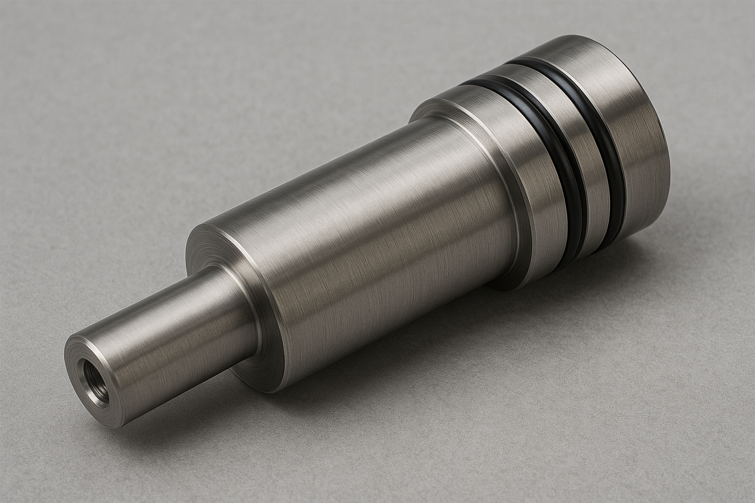 A high-precision custom-machined hydraulic cylinder piston with dual black sealing grooves on a brushed metal surface.