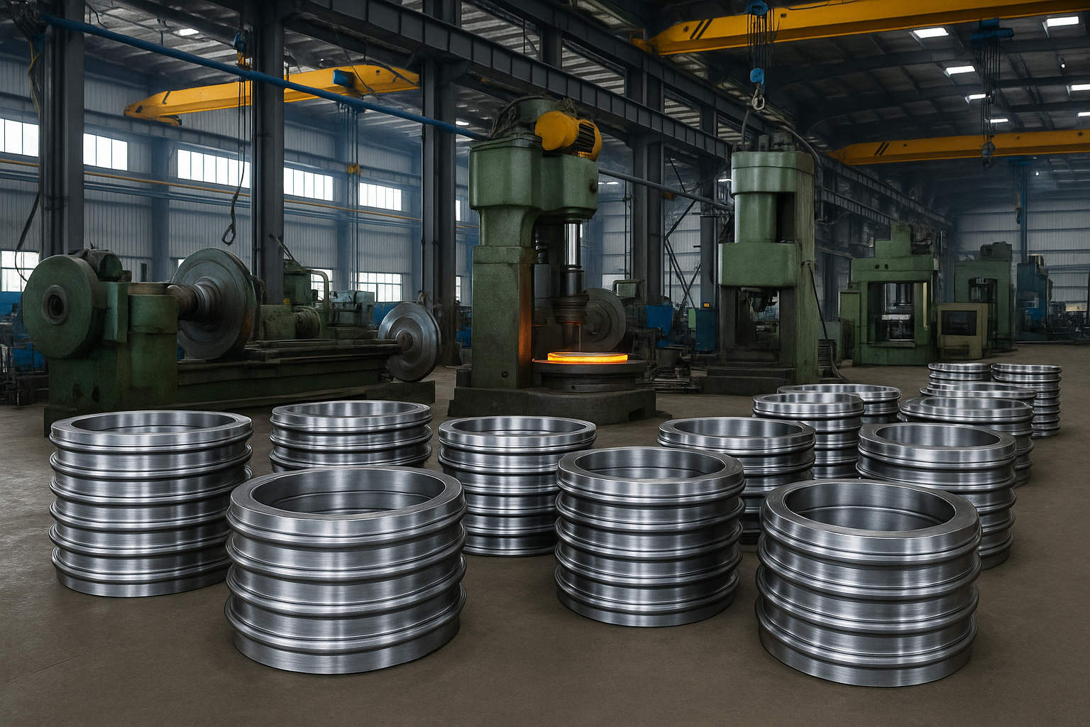 A modern metal neck ring manufacturing workshop with large lathes, forging machines, and stacked steel neck rings.