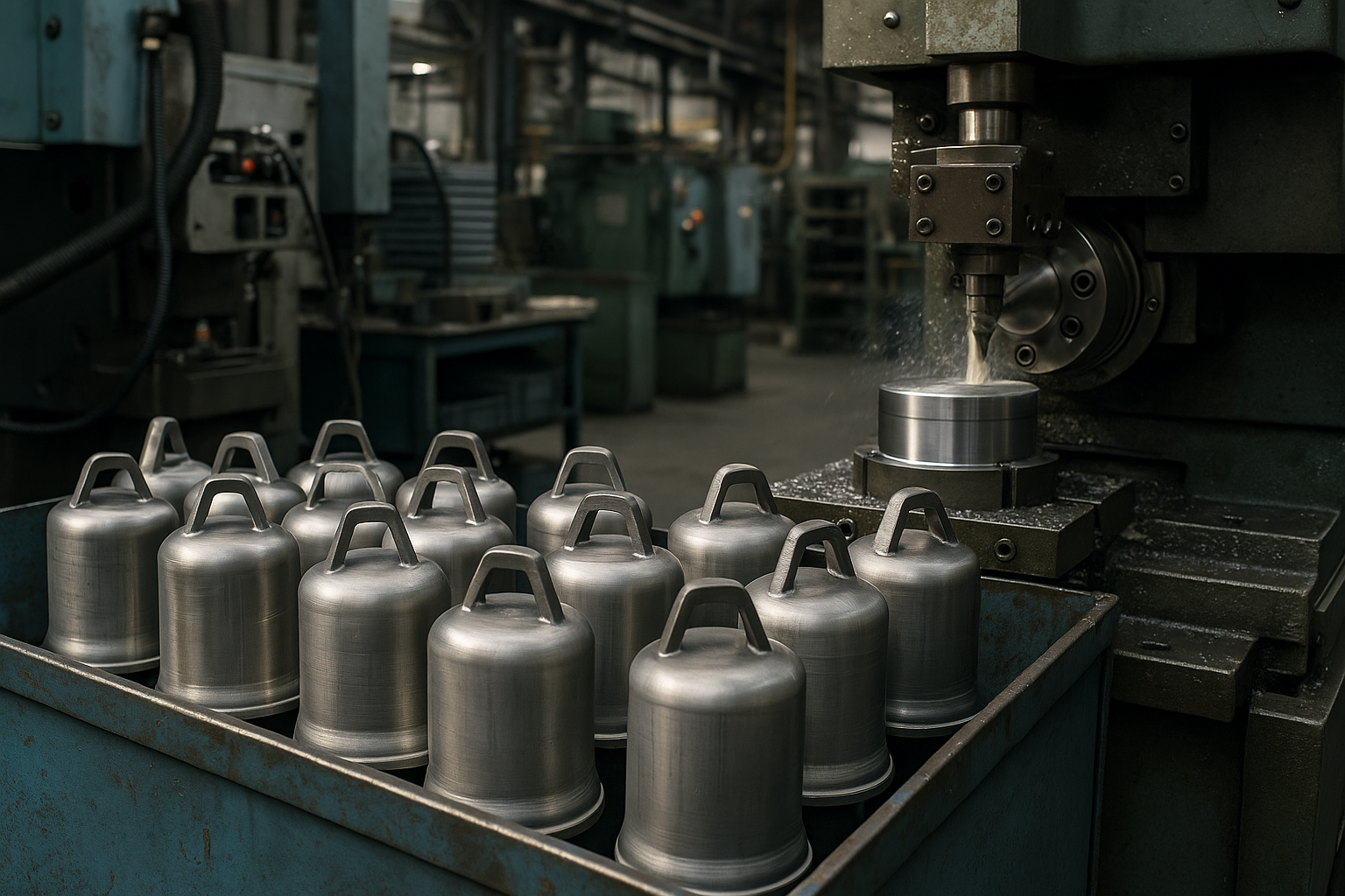 Steel gas cylinder protective caps in a blue bin beside a CNC machine in an industrial workshop.