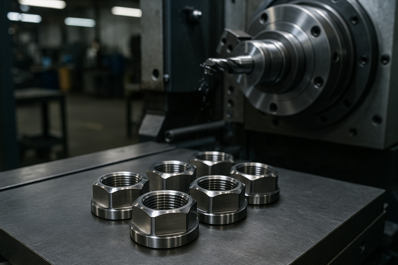 Precision-machined gland locknuts on a metal table in front of a CNC lathe in a factory setting.
