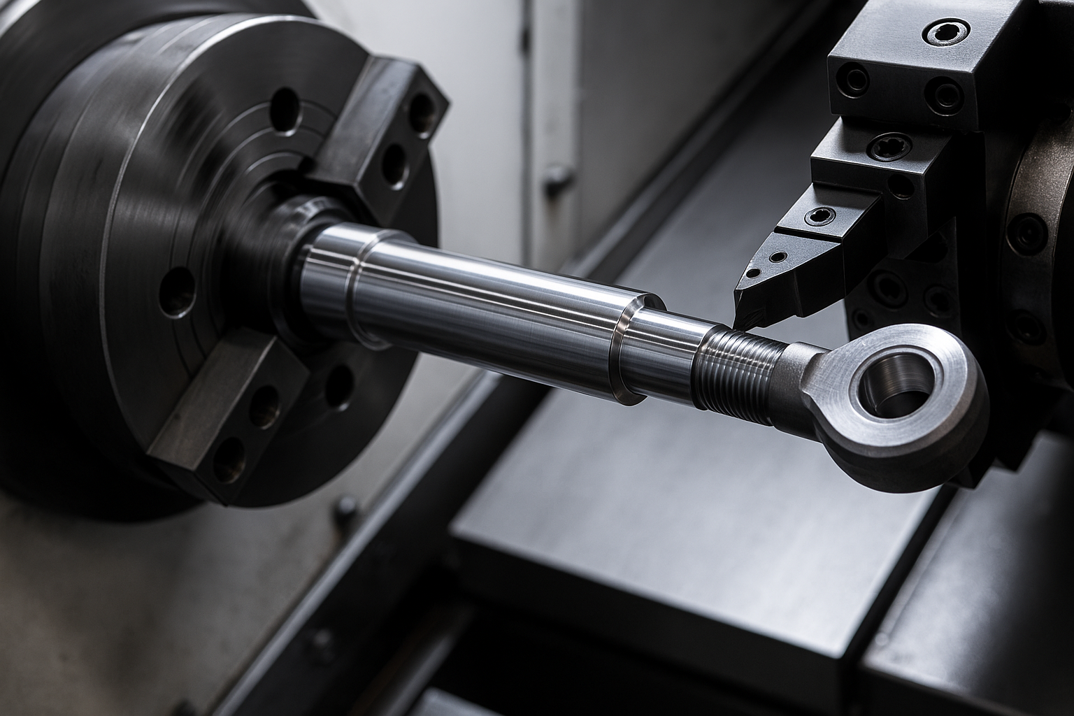 CNC lathe machine precisely machining a piston rod with a cutting tool engaged on the shaft.
