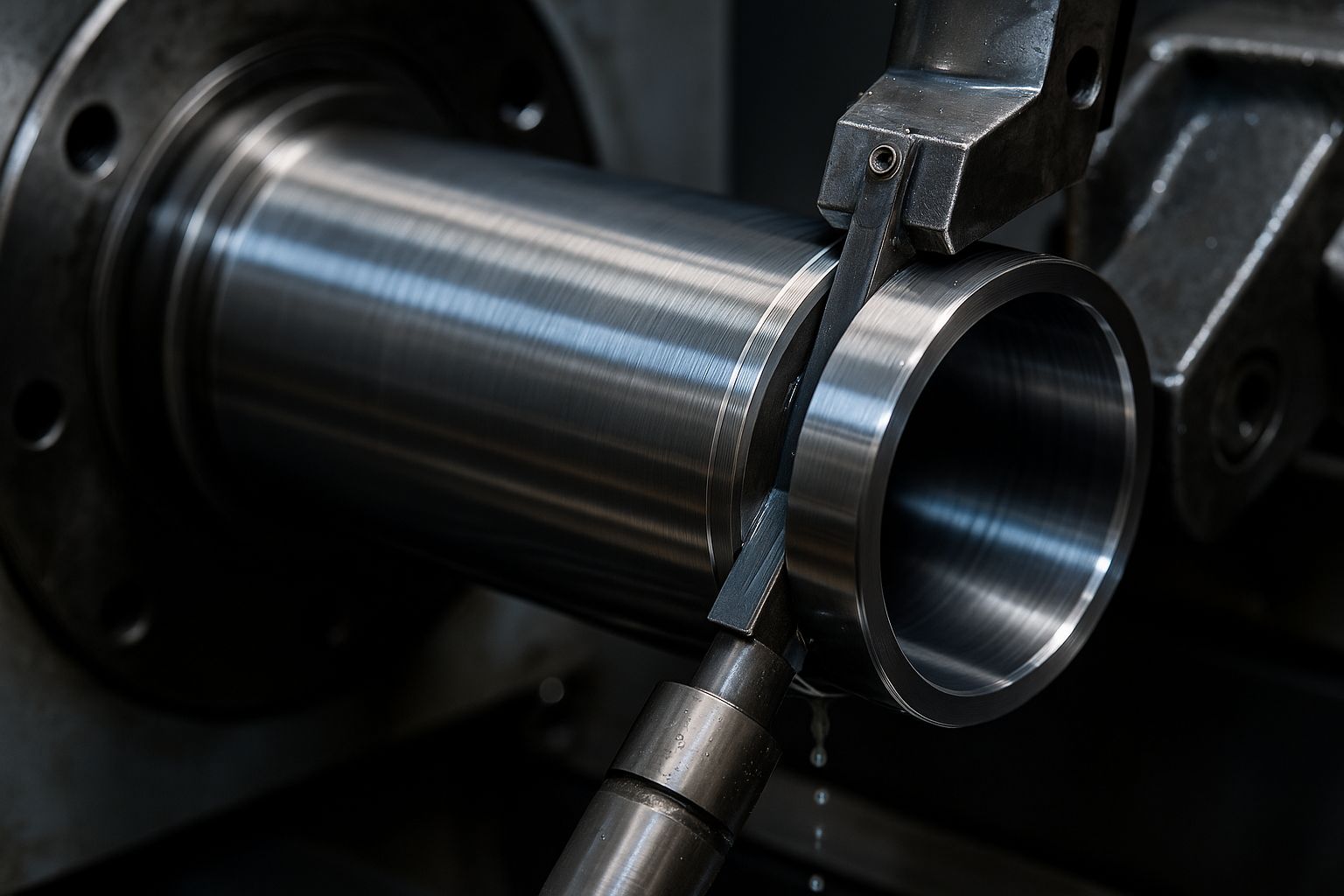 Close-up of a metal cylinder being honed on a precision lathe with a fine abrasive tool.