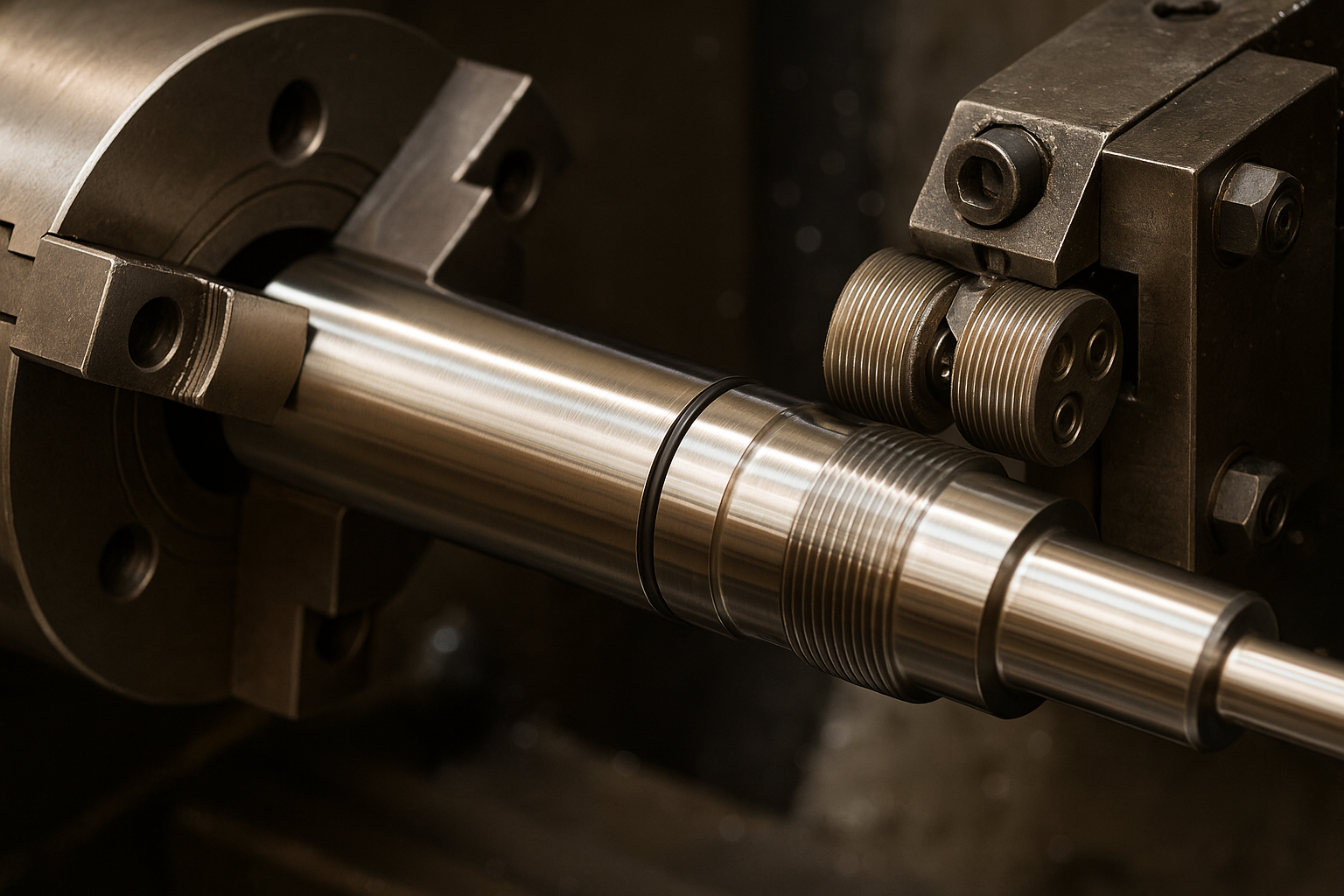 Close-up view of a metal cylinder undergoing thread rolling and O-ring groove cutting on a CNC lathe.