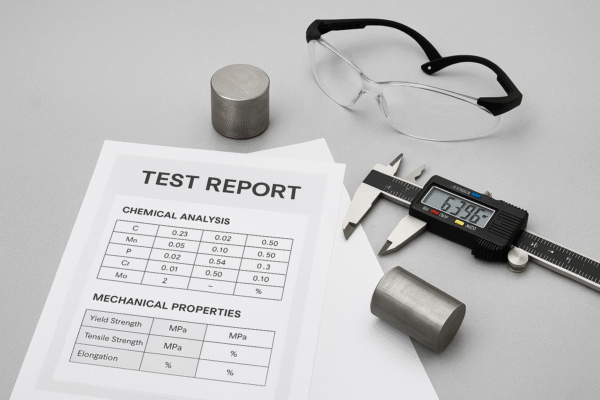 High-resolution image of a metal sample with digital calipers, safety goggles, and a material test report.