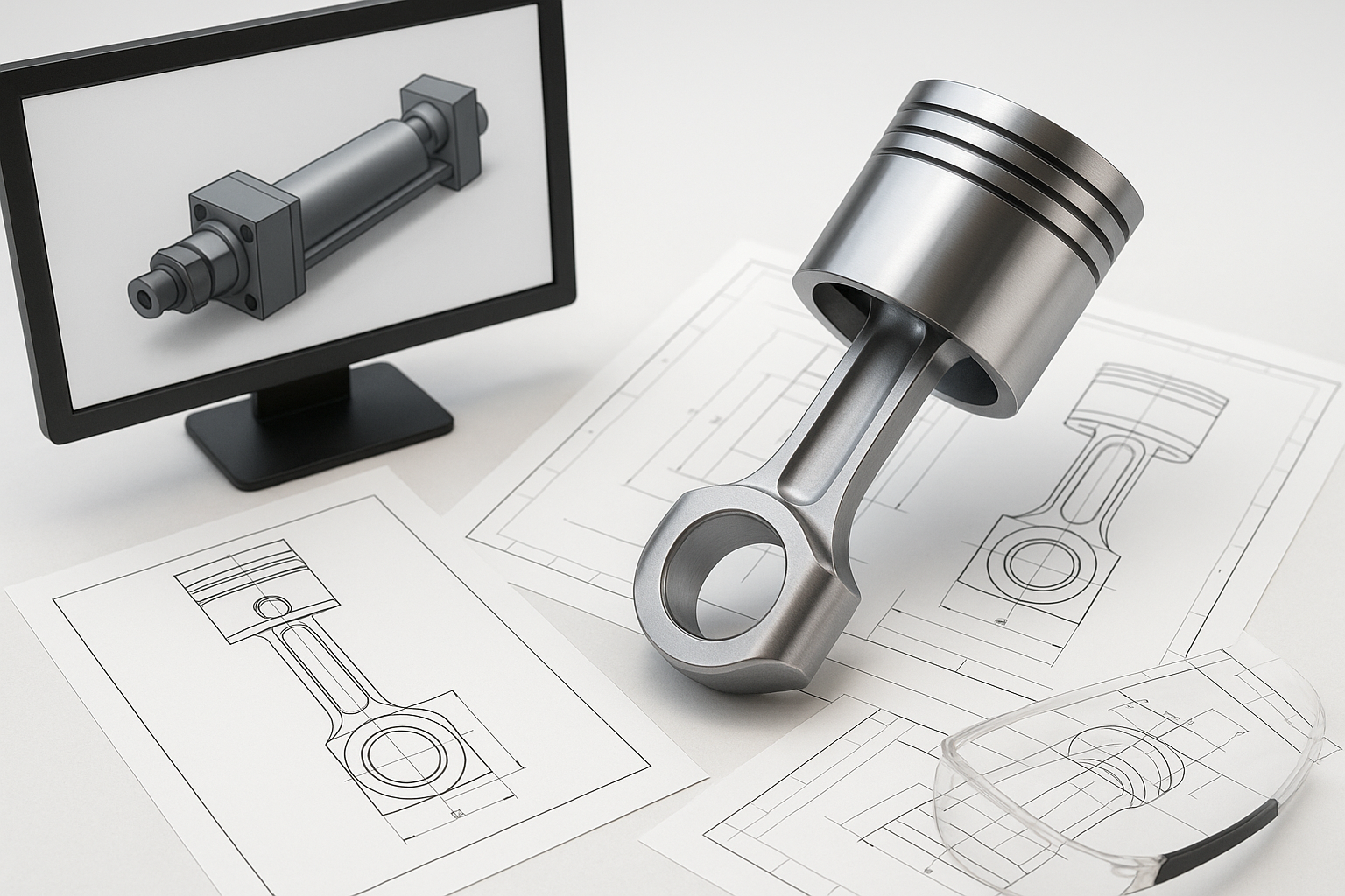 High-resolution image of a piston placed over engineering drawings with a digital 3D model displayed on a nearby screen.