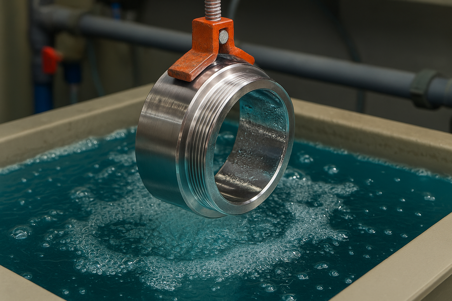 Metal cylinder collar in the middle of an electroplating process, showing active bubbling in the solution and highlighting corrosion-resistant surface treatment.