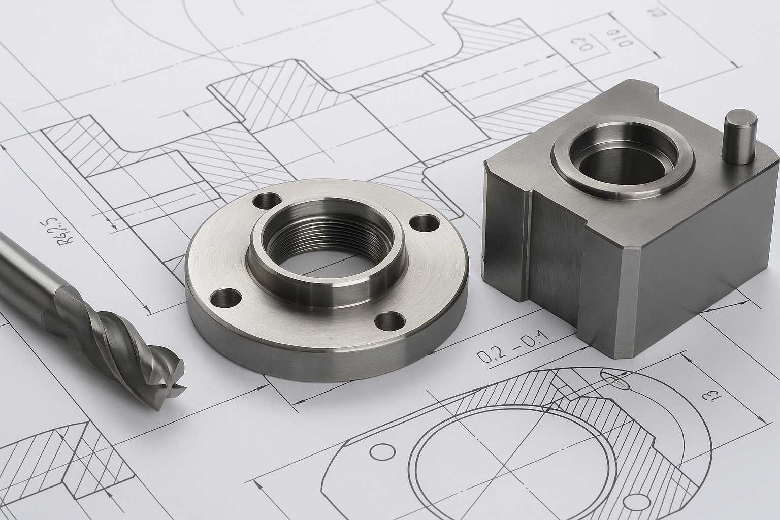 Three precision-machined collar tooling components placed on a detailed engineering drawing, showcasing an integrated design concept.