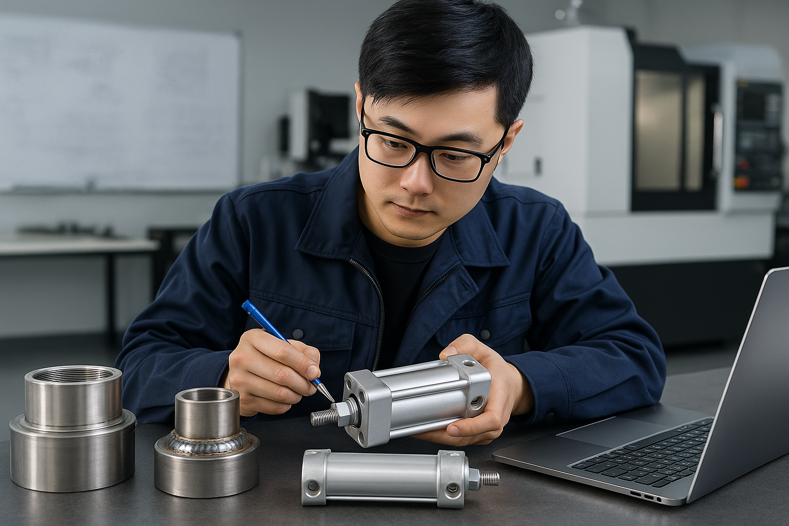 Asian engineer conducting R&D on custom hydraulic cylinder components