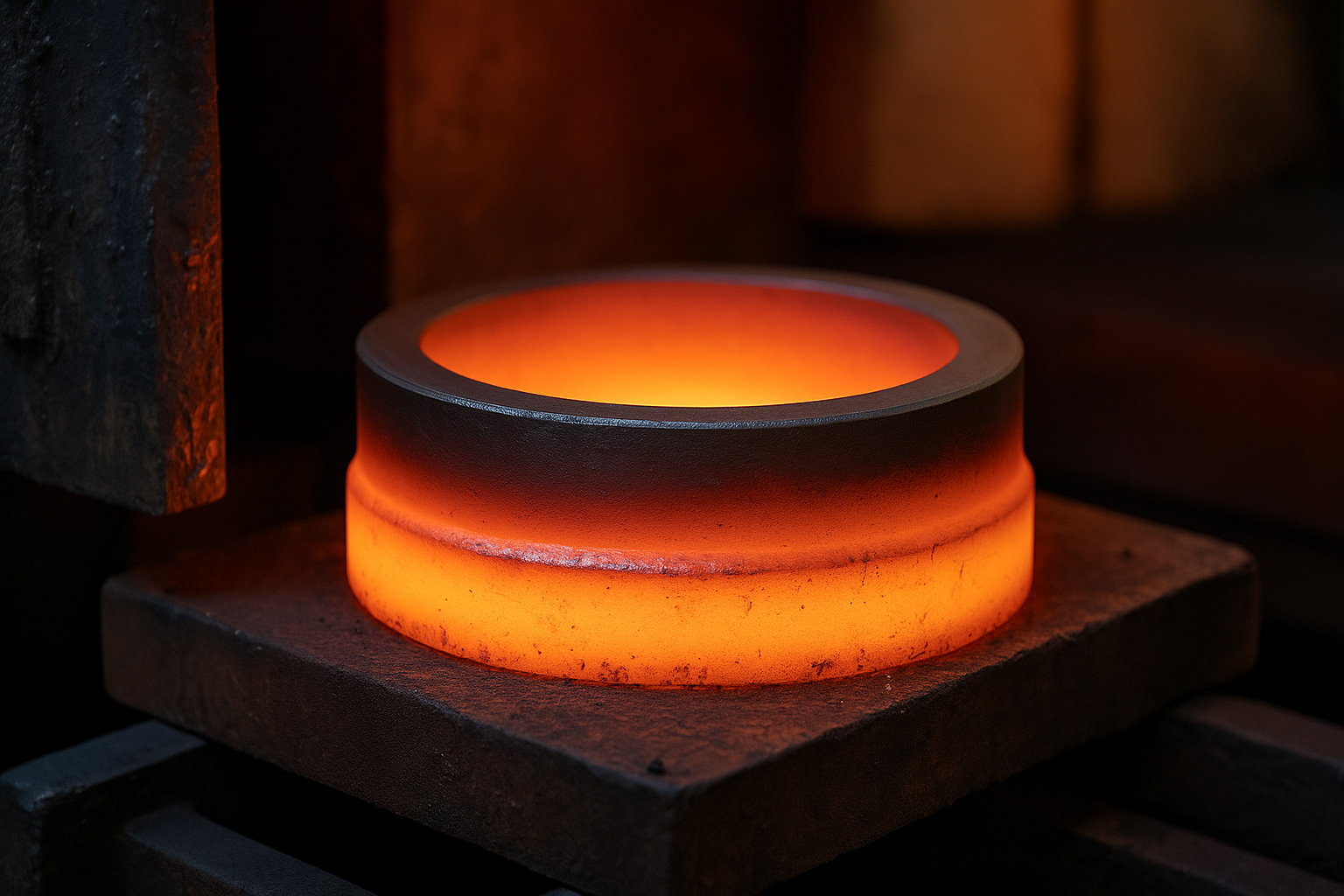 A glowing cylindrical metal neck ring being heat-treated inside an industrial furnace.