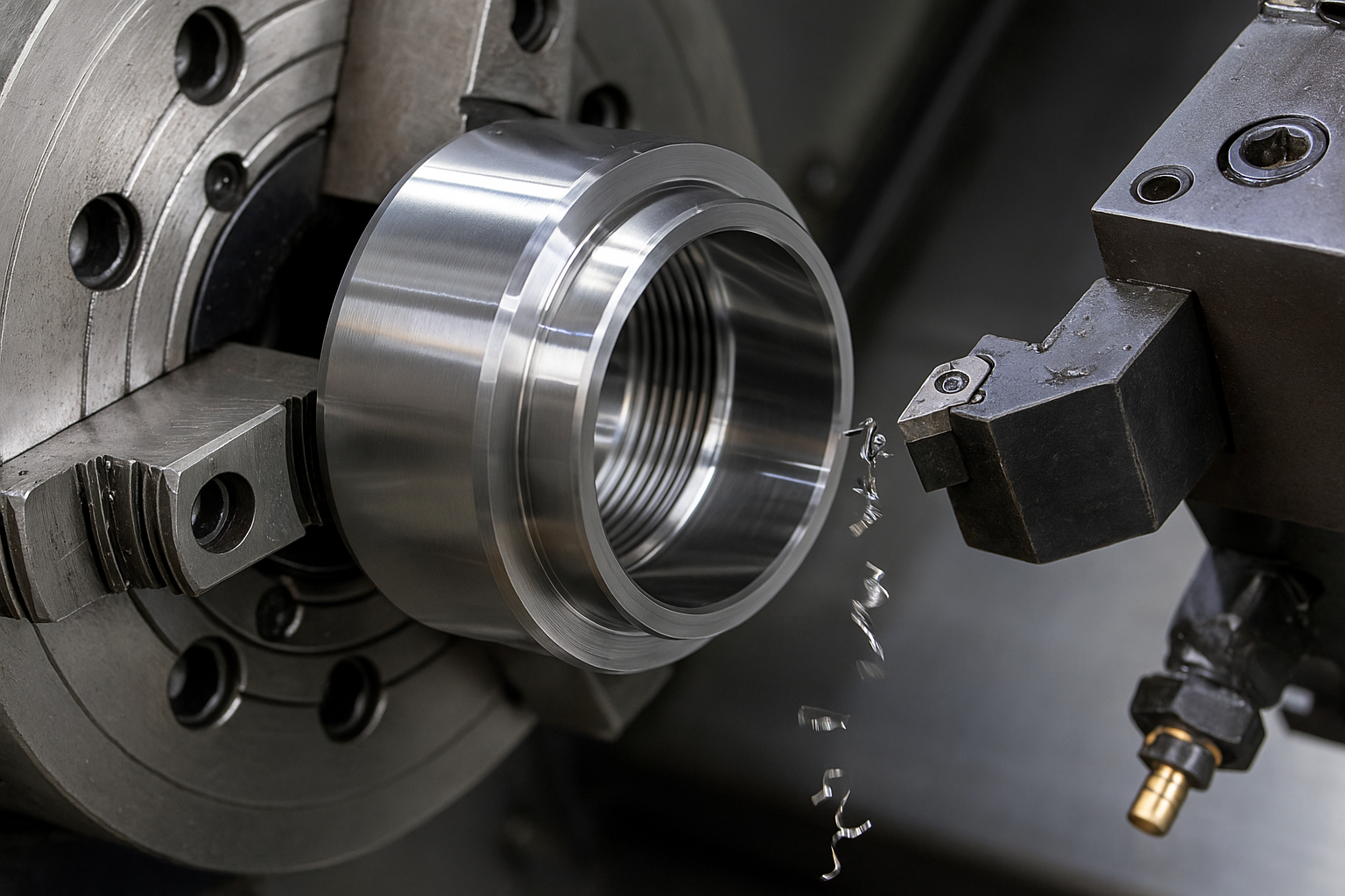 A close-up of a CNC lathe precisely machining a metal cylinder neck ring, with fine metal shavings curling off the surface.