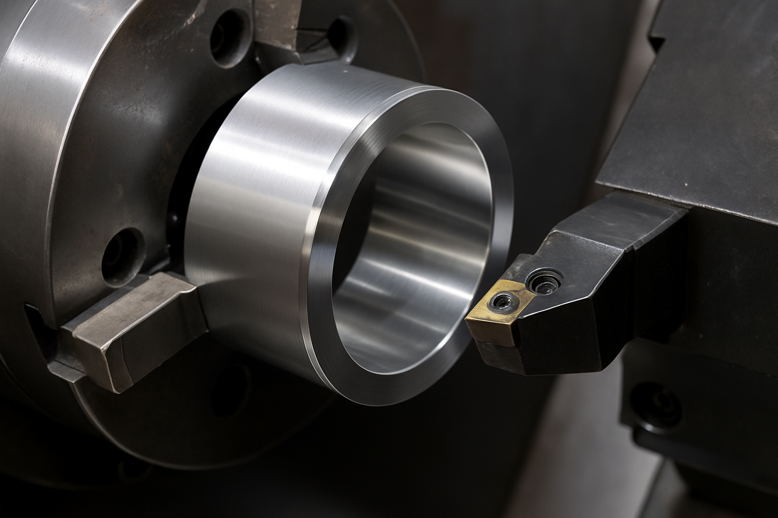 A close-up view of a precision-machined cylindrical metal neck ring secured in a CNC lathe, with a cutting tool shaping the outer surface.