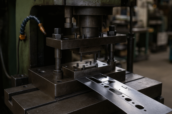 Close-up of a metal stamping machine in operation, shaping a steel strip with precision-cut holes.