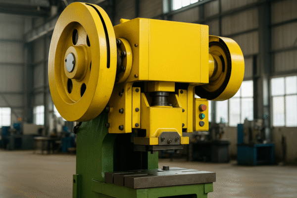 Industrial metal stamping press in a factory, painted yellow and green with exposed flywheel and control buttons.