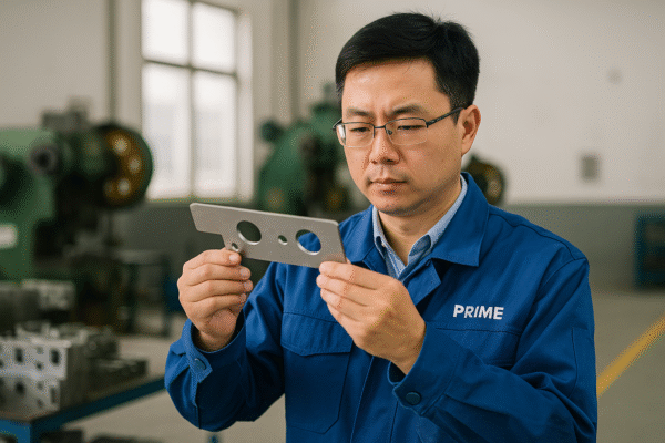 Asian engineer in a blue Prime uniform inspecting a stamped metal part in a factory.