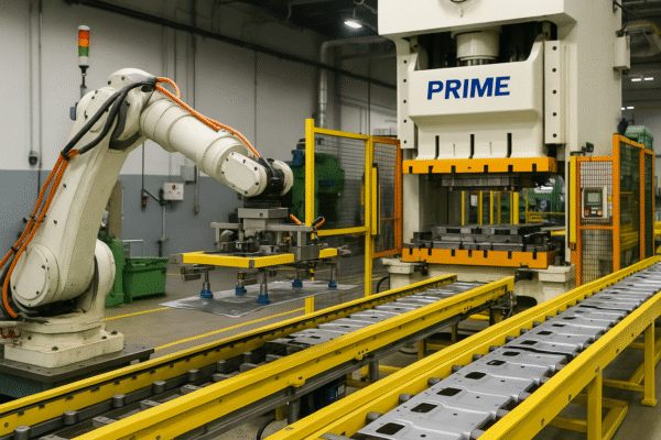 Automated stamping line at Prime with robotic arm feeding metal sheets into press.