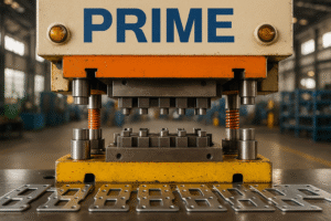 Close-up of Prime's precision stamping press producing metal components with visible die and finished parts.