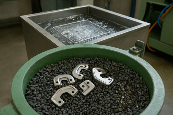Metal parts in vibratory deburring machine and ultrasonic cleaning tank
