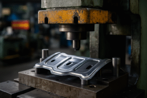Close-up of metal stamping press shaping a part with a yellow press head