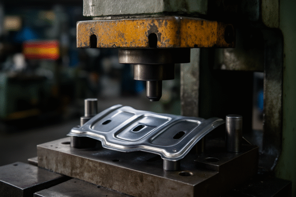 Close-up of metal stamping press shaping a part with a yellow press head