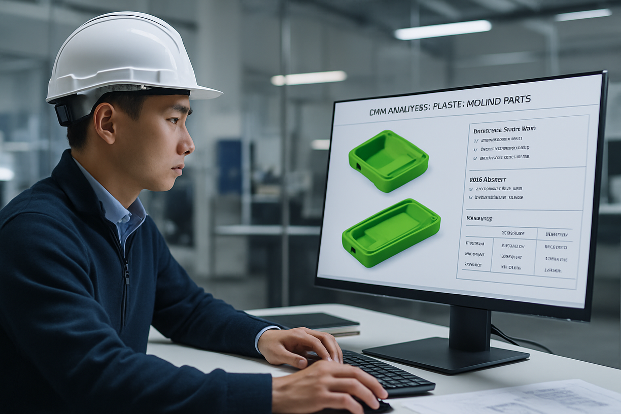 Engineer performing DFM analysis for plastic molded part on screen