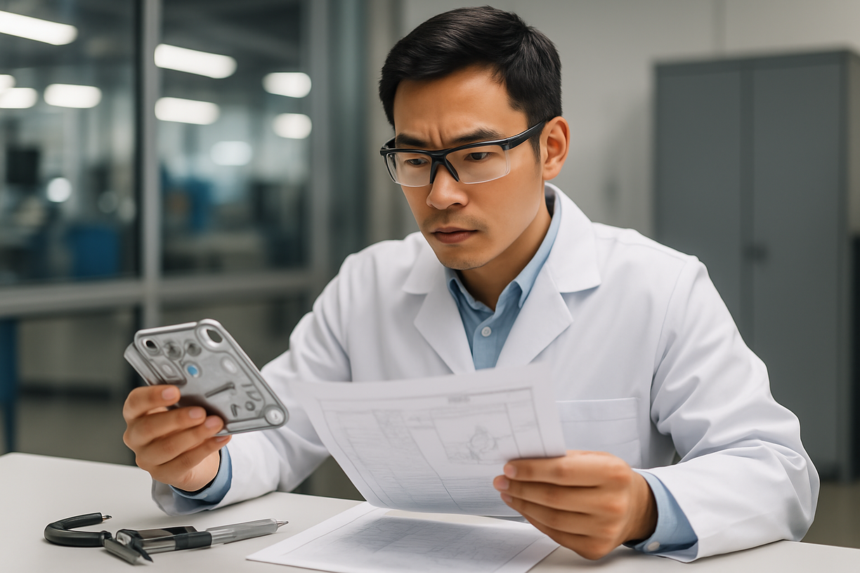 Engineer evaluating stamped part with quality documents