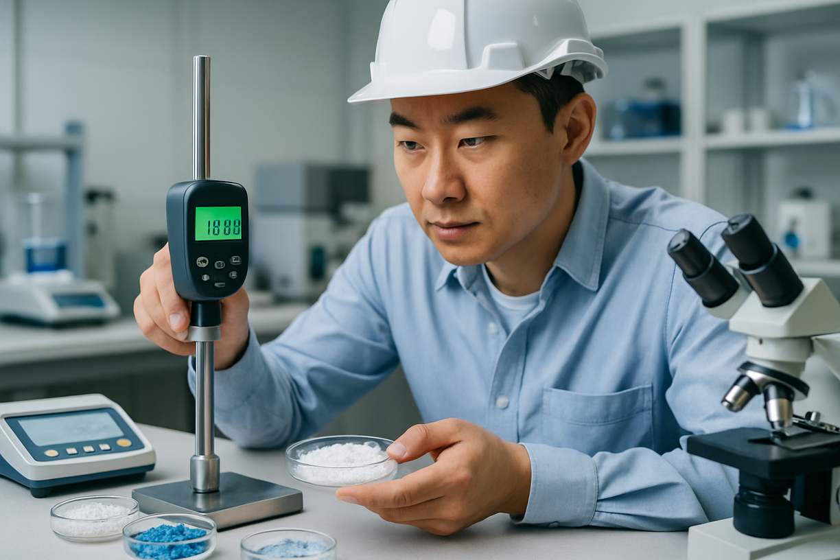Engineer testing plastic resin samples in a lab with digital instruments