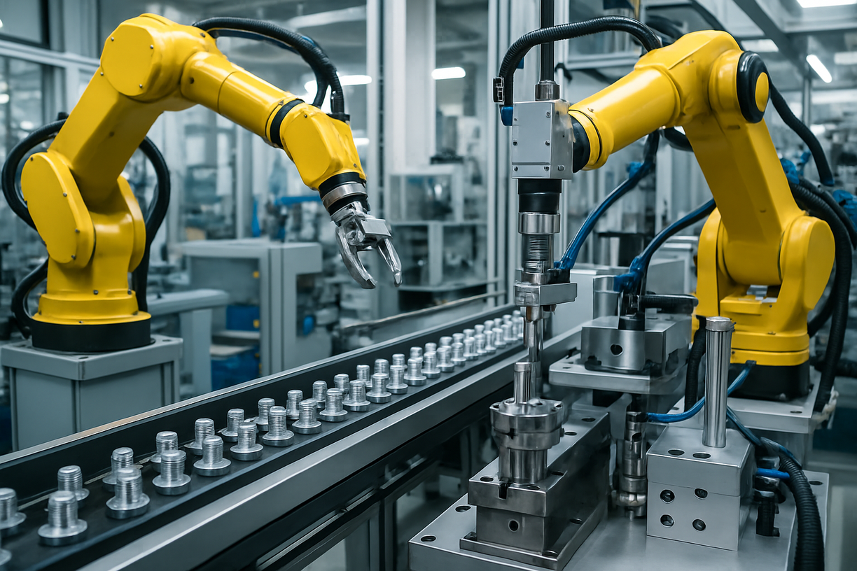 Automated robotic arms assembling metal fasteners on a modern production line.