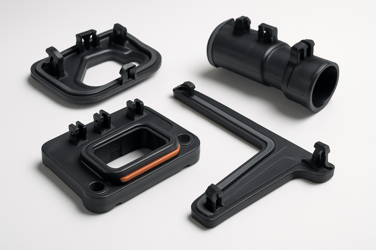Precision-molded automotive plastic component with clip and seal features on a white table
