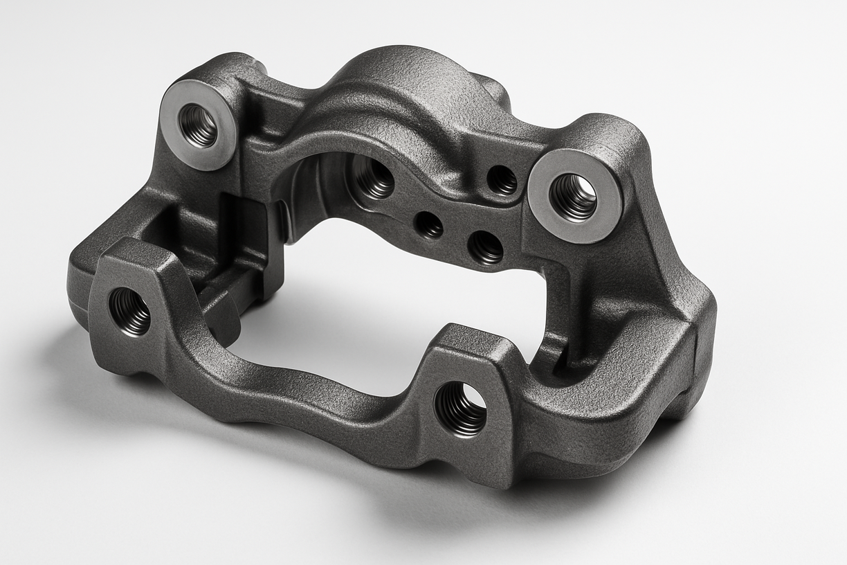 High-precision cast metal component with multiple threaded holes, shown on a white background.