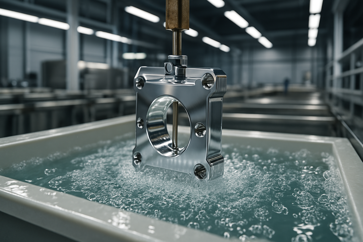 CNC machined part undergoing surface treatment in a bubbling liquid bath.