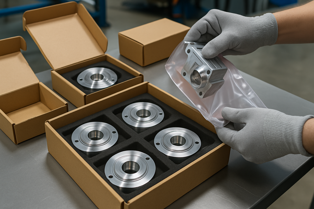 CNC machined parts being carefully packaged in foam-lined boxes.