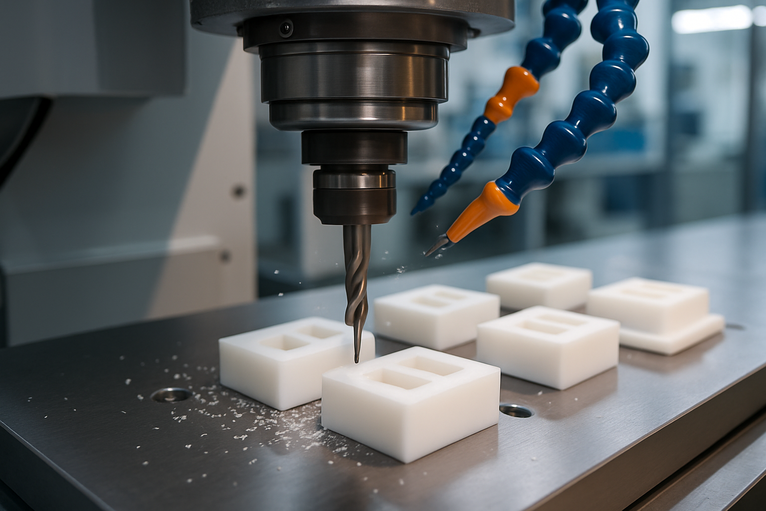 CNC machine precisely milling custom white plastic parts in a clean workshop.
