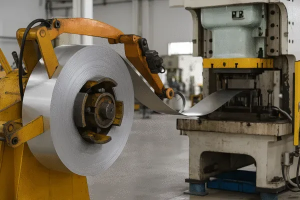 Steel coil feeder supplying strip material into a metal stamping press on a coil-fed stamping production line.