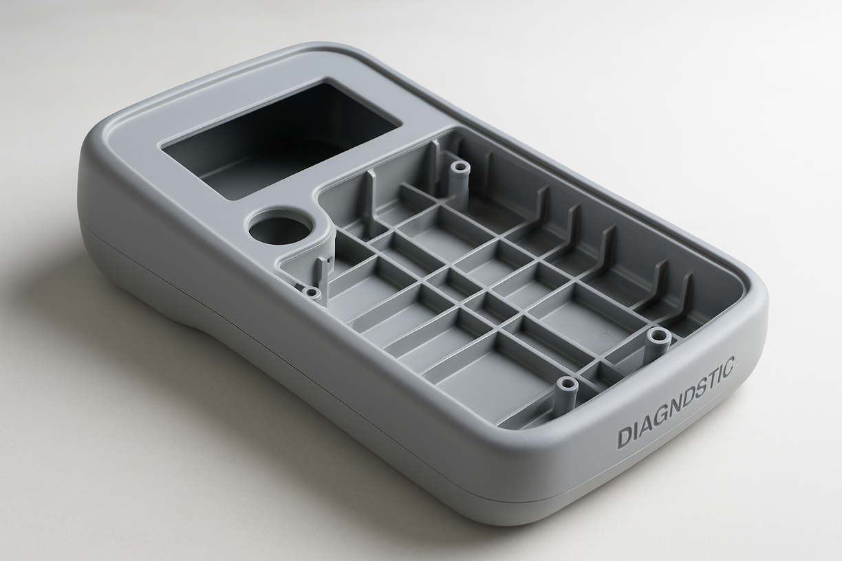 Custom plastic diagnostic device casing with smooth finish and internal ribbing