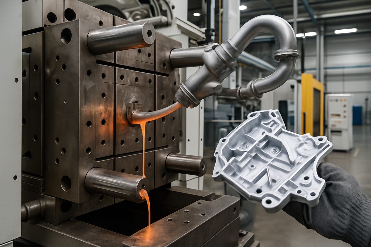 Molten metal being injected into a die casting mold next to a finished aluminum alloy part held by a gloved worker.