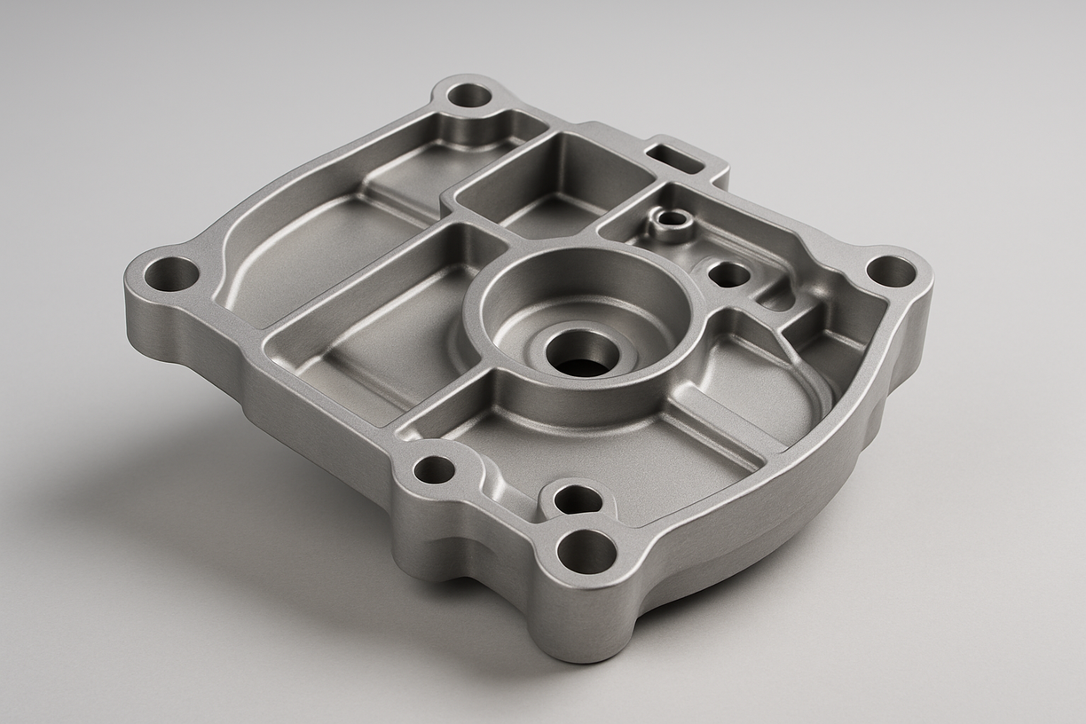 Precision die-cast aluminum part with a smooth finish, multiple mounting holes, and complex internal cavities, typically used in automotive or industrial applications.