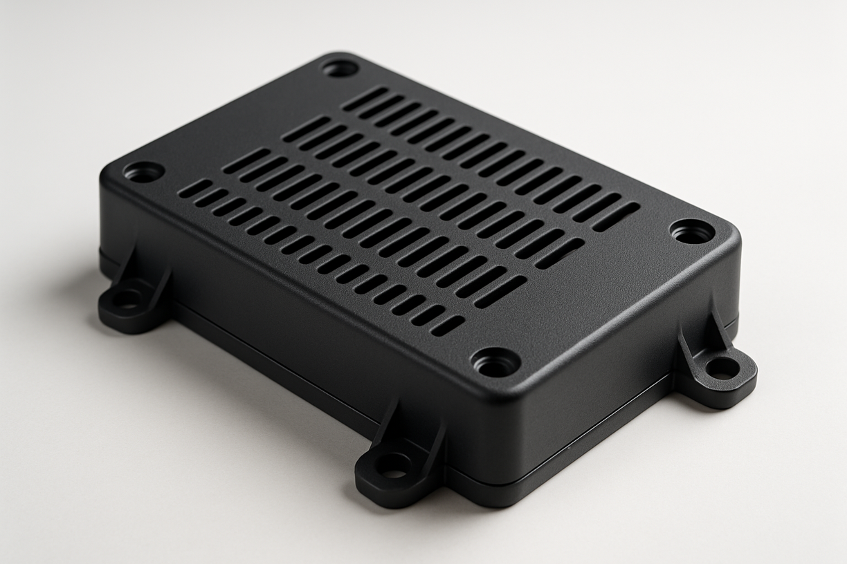 Injection-molded plastic casing for electronics with vent features and mounting tabs