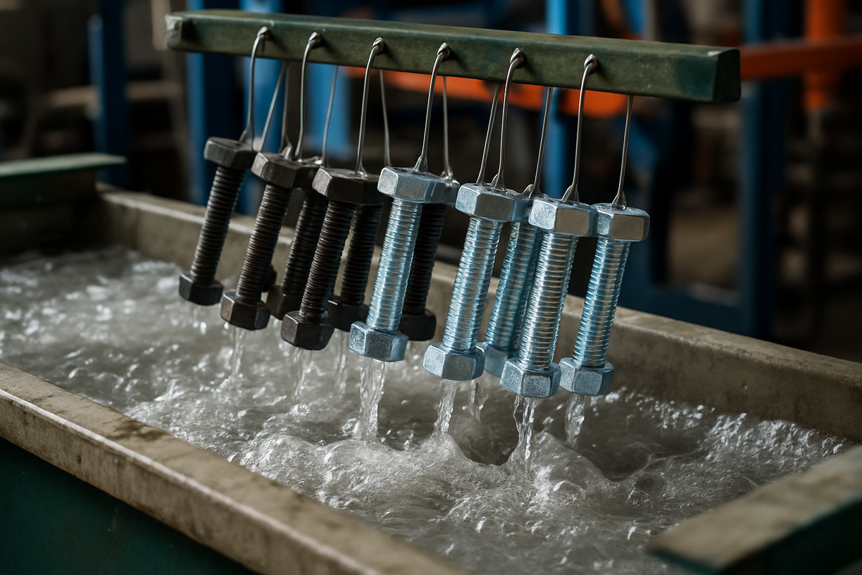 A CNC machine mills a block of metal while forming threaded metal bolts, with coolant spraying and finished bolts neatly aligned beside the cutting area.