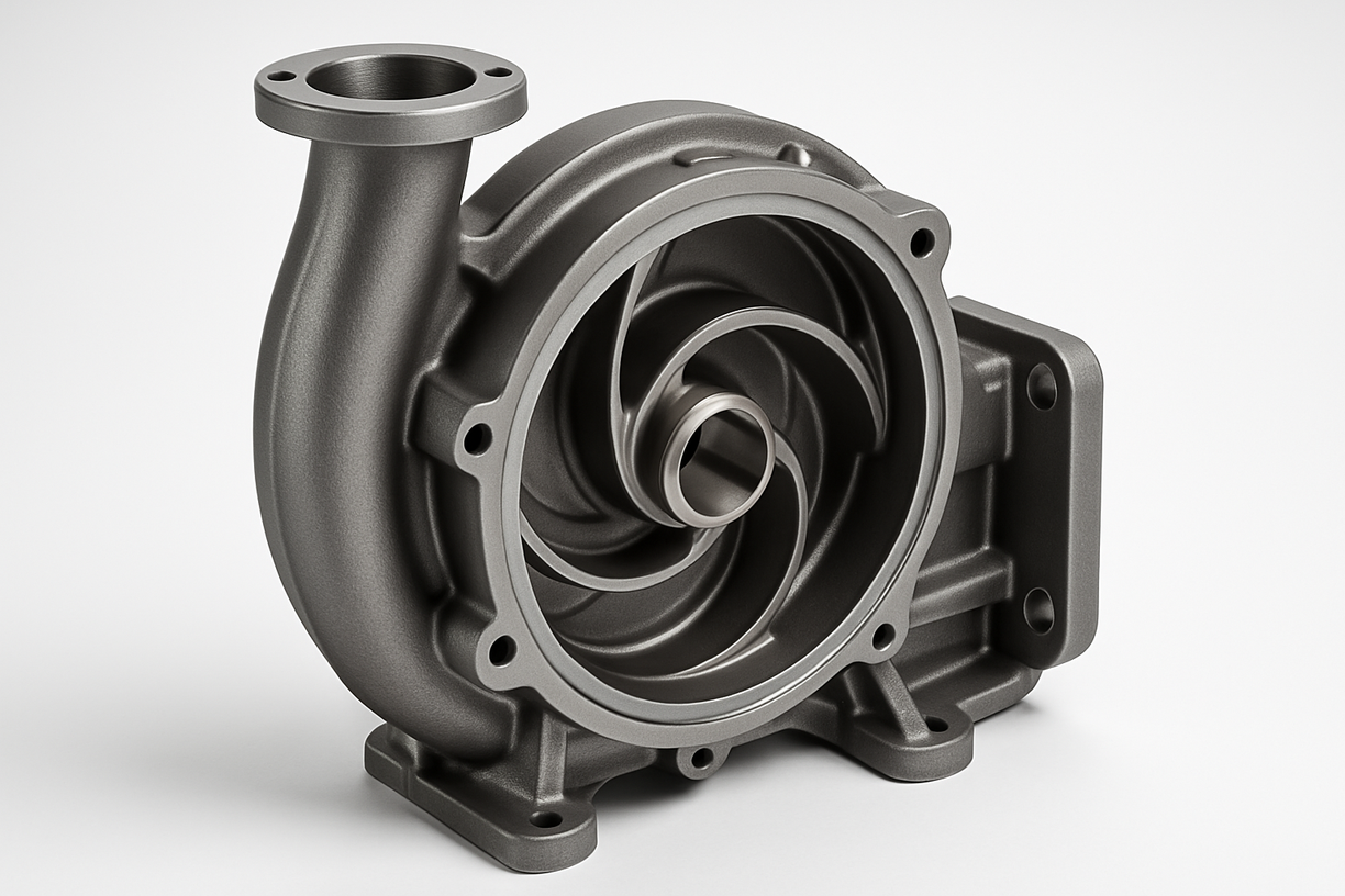 Precision metal casting of an industrial pump housing with smooth curved surfaces and mounting holes.